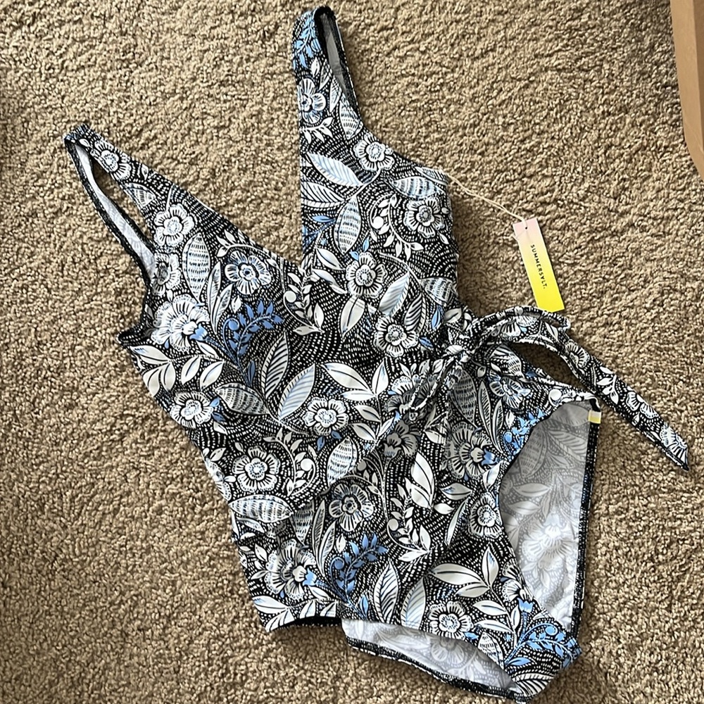 summersalt Black White Floral-Leaf One-Piece with Blue Accents